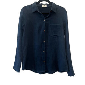 Gauze Linen Socialite Relaxed Top Navy Frayed Raw Hem Button up Front Pocket